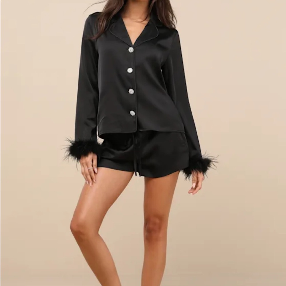 Lulus Black Satin 2-Piece Pajama Set - Size Medium